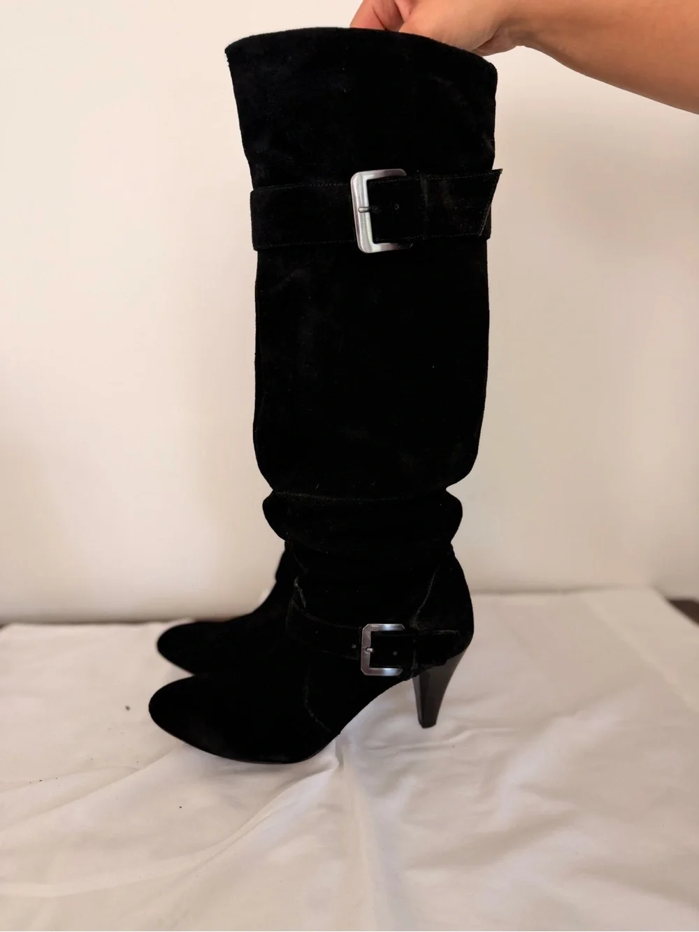 Over-the-Knee Black Suede Women’s Boots with Buckle Detail
